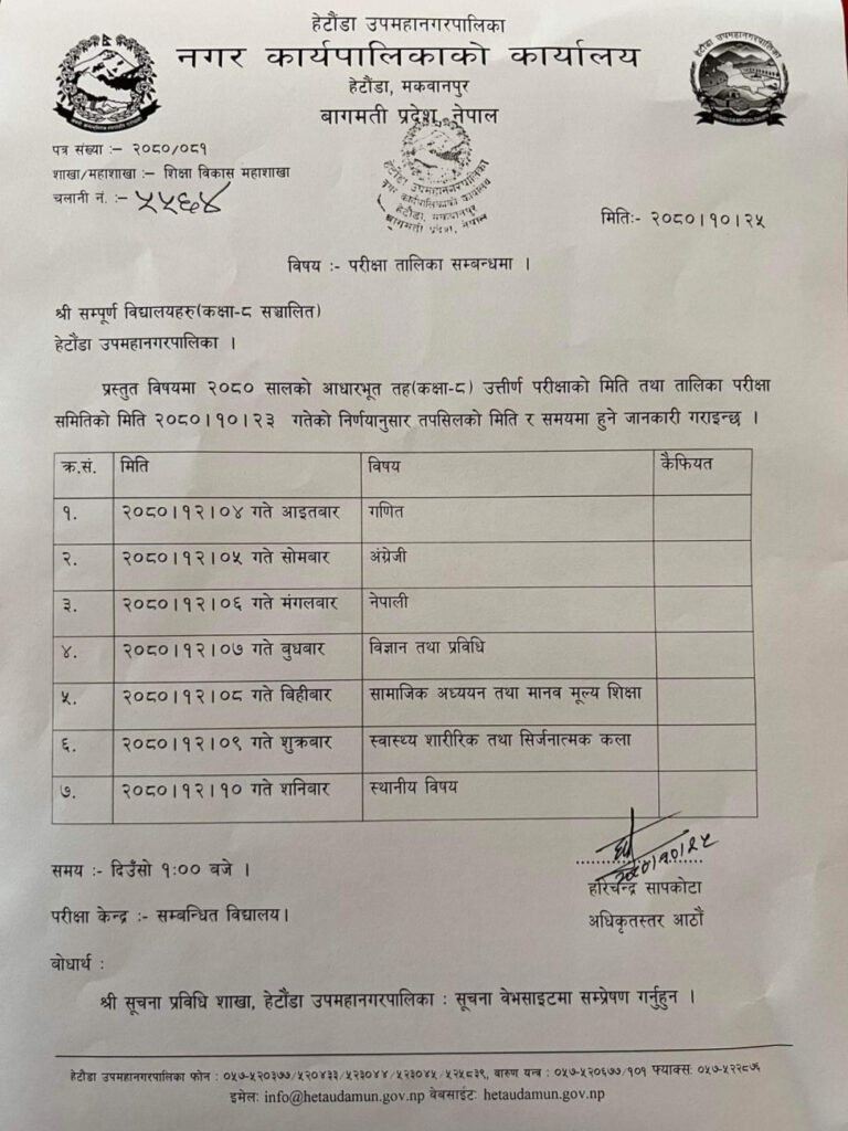 हेटौंडामा कक्षा ८ को बार्षिक परीक्षा चैत ४ गतेबाट (तालिकासहित)